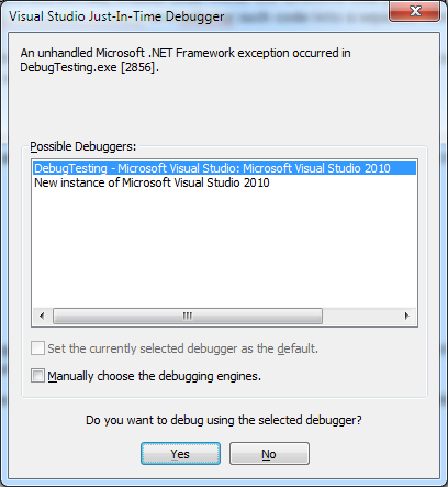 Visual Studio Just-In-Time Debugger Dialog