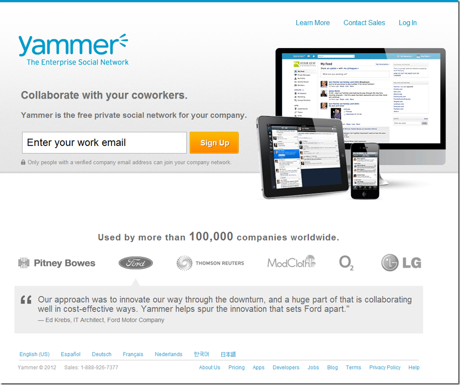 Yammer homepage